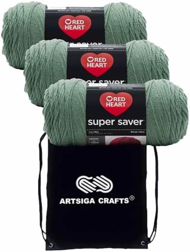 Red Heart Super Saver Light Sage E300-631 (3-Skeins - Same Dye Lot) Worsted Medium #4 Acrylic Yarn for Crocheting and Knitting with Project Bag