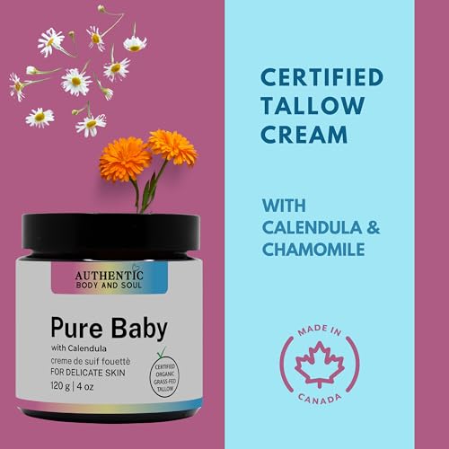 Certified Organic Tallow Balm: All Natural Tallow Cream Whip for Delicate Baby Skin and Sensitive Skin - Pure Baby with No Essential Oils. Certified Grassfed by AGW (Pure-Baby 2oz)