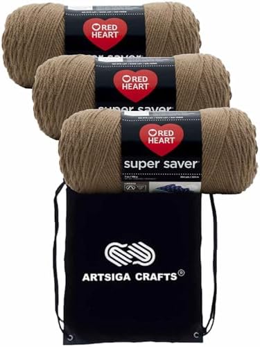 Red Heart Super Saver Cafe Latte E300-360 (3-Skeins - Same Dye Lot) Worsted Medium #4 Acrylic Yarn for Crocheting and Knitting with Project Bag