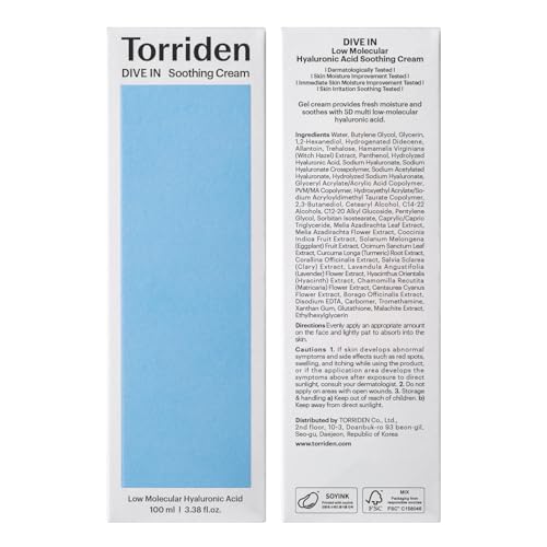 Torriden DIVE IN Hyaluronic Acid Soothing Cream Tube Type 100ml (3.38 fl. oz) | Revitalizing Facial Moisturizer for Sensitive and Dry Skin | Hyaluronic Acid, Panthenol, Allantoin