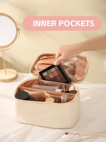 KITENROM Extral Large Makeup Bag Portable Cosmetic Bags for Women Zipper Pouch for Purse Make Up Case with Detachable Divider Toiletry Organization Waterproof Beige