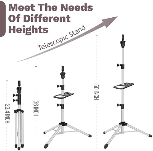 Wig Stand Tripod 50 Inch Metal Wig Mannequin Head Tripod Stand For Hairdressing Training Head Adjustable Wig Tripod Stand with Tool Tray (Silvery, Mannequin Head Not Included)