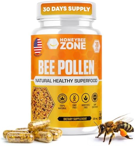 Bee pollen Supplement 100% Natural Raw Bee pollen in Veggie Caps Fermented Pollen Multivitamin, Probiotic Superfood, Vital Proteins, Amino Acids, Immune Support &Energy 60 Pollen Capsules