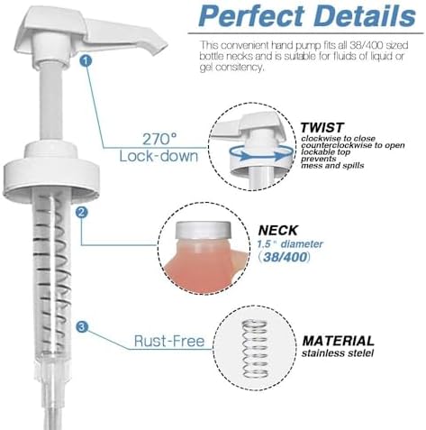 4 Pack Gallon Jug Pump Dispenser 38-400 White Pump for Gallon Jug Dispensing - 7cc Lotion Gallon Shampoo Pump Top Replacement, Fits 1 Gallon Bottle 64oz 128oz Hand Sanitizer Containers, Plus Labels
