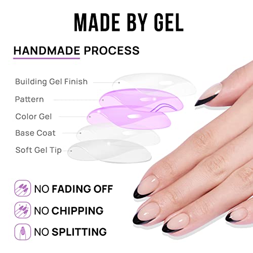 BTArtbox French Tip Press On Nails Almond - Black Press on Nails Short, Glue On Nails for Women Gift, Supremely Fit Natural Reusable Stick On Nails in 16 Sizes - 30 Fake Nails Kit, Black French
