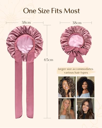 YANIBEST Double Layer Satin Silk Bonnet for Sleeping Hair Bonnet with Elastic Tie Band for Curly Hair Wig Caps Beanpaste Pink