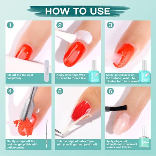 Morovan Gel Nail Polish Remover Kit: Gel Polish Remover for Nails with Liquid Latex Tape Peel off Nail Strengthener Cuticle Pusher Quick & Easy Gel Remover for Nails in 3-5 mins No Soaking Or Wrapping