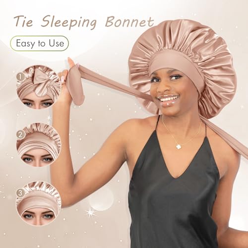 BONNET QUEEN Large Satin Bonnet Silk Bonnet for Sleeping Women Hair Bonnet Big Bonnet Night Sleep Cap Scarf Wrap for Curly Hair with Tie Band Champagne