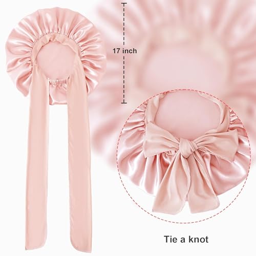 2Pc Bonnet Satin Silk Hair Bonnet With Tie Band for Sleeping Large Bonnets Hair Wrap with Adjustable Straps Hair Shower Cap Sleep Caps for Women Curly Braid Hair(pink+black)