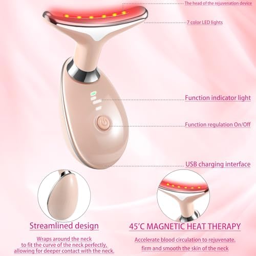7-in-1 Face and Neck Massage Tool for Skin Care Gift, Multifunctional Electric Red Light Therapy for Face, Wrinkles, Double Chin (Pink)