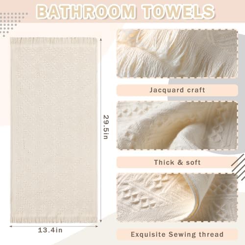 Boho Hand Towels Set of 4 Turkish Cotton 14 x 30 Inch Decorative Absorbent Face Head Towel for Bathroom Kitchen Decor Farmhouse Spa Gym Guest Gift(Beige)