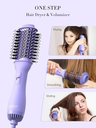 LANDOT Hot Hair Blow Dryer Brush: One-Step HairDryer Styler and Volumizer - Upgraded Plus 2.0 Hot Air Brush with Negative Ion Anti-frizz Ceramic Titanium 60mm Oval Shape Barrel Purple Color