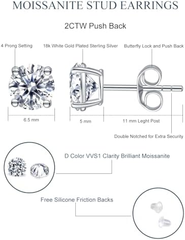 Moissanite Stud Earrings Hypoallergenic 925 Sterling Silver stud Earrings for Women Round Cut D Color VVS1 18K White Gold Plated Lab Created Moissanite Earrings for Women Men 0.3ct-2ct