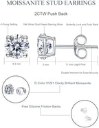 Moissanite Stud Earrings Hypoallergenic 925 Sterling Silver stud Earrings for Women Round Cut D Color VVS1 18K White Gold Plated Lab Created Moissanite Earrings for Women Men 0.3ct-2ct