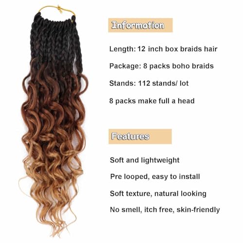 8 Packs Goddess Box Braids Crochet Hair Crochet Box Braids with Curly Ends Boho Bohemian Box Braid Hair (1B/30/27, 12 inch 8 pack)