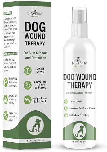 NOVEHA Dog Wound Therapy Spray - Itch Relief & Skin Repair for Dogs - Clean Wounds with Soothing Hypochlorous Acid for Allergies and Other Dog Skin Problems - Immediate Itching Relief - 8 oz Bottle