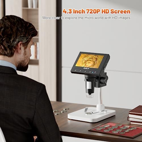 Elikliv Microscope, LCD Digital Coin Microscope 1000x, Coin Magnifier with 8 Adjustable LED Lights, PC View Compatible with Windows/MacBook, EDM4, 4.3-Inch