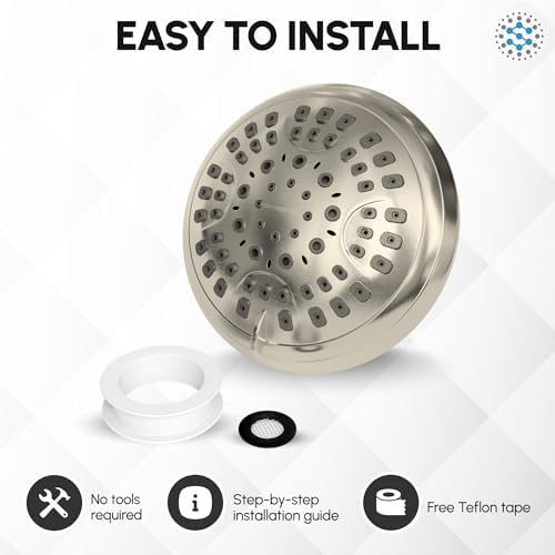 Luxury Spa Series , 6 Spray Setting, 4.5 Inch Adjustable High Pressure Shower Head Fixture for Hard Water, 360-Degree Tilt Massage Shower System - Brushed Nickel