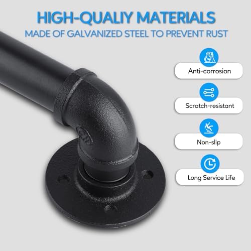 Pipe Stair Handrail, 3 Ft Metal Staircase Handrail, Black Galvanized Industrial Iron Hand Rail for Indoor & Outdoor Wall Mount Support, Wall Hand Railing,Safety Handle, Steps Baluster(HR01)