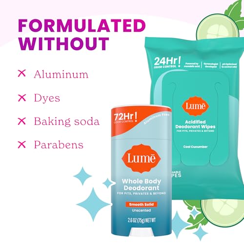 Lume Whole Body Deodorant - Smooth Solid Stick & Flushable Deodorant Wipes - Doctor Developed - Aluminum Free, Baking Soda Free, Skin Loving - 2.6 Ounce (Unscented) 15 Count Wipes (Cool Cucumber)