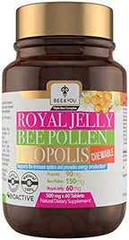 BEE and You Royal Jelly + Propolis + Bee Pollen Chewable Tablets - High Potency - No Artificial Flavor/Preservatives - No Added Sugar- No Soy/Milk/Gelatin/GMO/Gluten, 500 mg x 60 Tablets