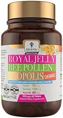 BEE and You Royal Jelly + Propolis + Bee Pollen Chewable Tablets - High Potency - No Artificial Flavor/Preservatives - No Added Sugar- No Soy/Milk/Gelatin/GMO/Gluten, 500 mg x 60 Tablets
