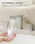FORIOUS Widespread Bathroom Sink Faucet 3 Hole Brushed Nickel, 2 Handles Waterfall Bathroom Faucet with Metal Pop-up Drain and 24" Hot and Cold Water Hoses, Suitable for Vanity RV Restroom