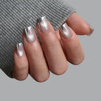 BTArtbox French Tip Press On Nails - Metallic French Tip Cat Eye Short Square Press On Nails with Glue for Women, Opaque Soft Gel Glue On Nails in 16 Sizes - 32 Stick On Nails Kit, Gleaming