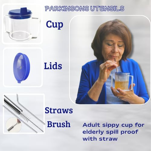 ADAPTIVE UTENSILS Adult sippy cups for elderly spill proof with straw Adult sippy cup for elderly spill proof | Spill proof cup | Set of 5 pcs with stainless steel straws and dishwasher