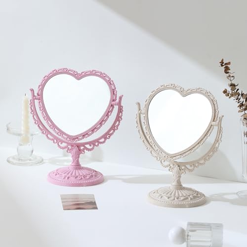 XPXKJ 7 Inch Vintage Heart Mirror - Elegant Desk Makeup Mirror with Double Sided 360 Degree Rotation Vanity Mirror for Coquette Room Decor (Beige 1pcs)