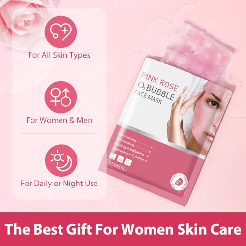 IREV Pack of 10 Pink Rose O2 Bubble Face Masks Skincare - Spa Gifts for Women - Bubble Face Sheet Mask Cleaner Foaming Purifying Facial Mask for Acne and Pores Moisturizing Beauty Sheet Masks