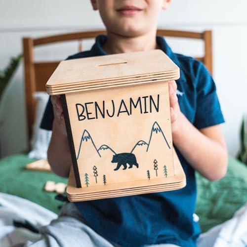 Wooden Piggy Bank for Kids and Adults, Personalized Gift Handmade in USA by BloomOwl, Custom Piggy Bank, Personalized Banks for Kids, Gifts for Baby Boys and Girls (Minimal Bear)