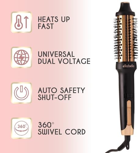 ELLA BELLA® Heated Round Thermal Blowout Brush • Negative ION Plasma Thermal Hot Hair Brush • Volumizer Styler & Curler in 1 • Fast HeatUp • Dual Voltage International Use • Swivel Cord, Auto ShutOff