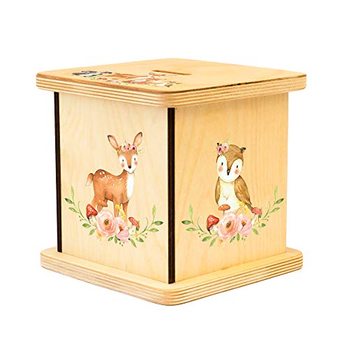 Wooden Piggy Bank for Kids and Adults, Personalized Gift Handmade in USA by BloomOwl, Custom Piggy Bank, Personalized Banks for Kids, Gifts for Baby Boys and Girls (Woodland- Girl)