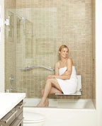 Seachrome Lift-Assist High Back Silhouette Folding Wall Mount Shower Bench Seat with White Frame