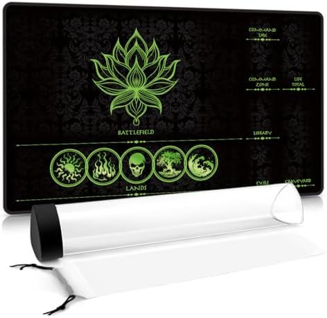 MTG Playmat with Play Zones – Magic Play mat Card Game Mat for Magic The Gathering, Lotus & Basic Lands Design, 24x14 inch, Stitched Edge, Non-Slip Base with Prismatic Playmat Tube-Green Zone