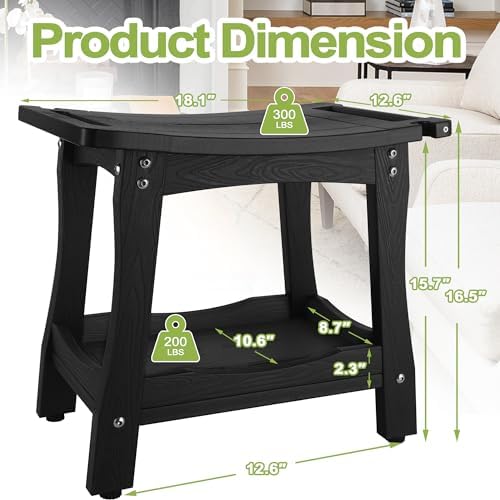 Y&M 2-Tier Bathroom Shower Bench with Waterproof Storage Shelf, HDPE Towel & Shower Head Shelves Curved Seat, Small Tub Chair for Shaving Legs Foot Stool, Bath, Spa, Indoor or Outdoor Use, Black