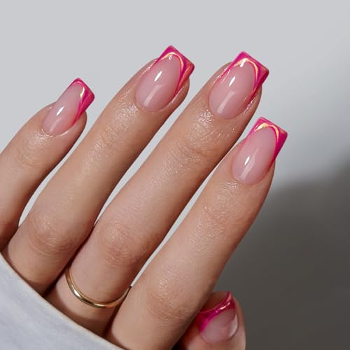 BTArtbox French Tip Press On Nails - Trendy Short Square Fake Nails with Metallic Chrome Pink Color, Reusable Glue On Nails in 16 Sizes for Christmas Gift, Metallic Petal