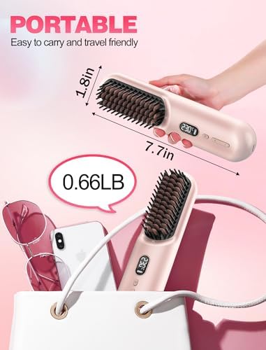 Portable Cordless Hair Straightener Brush for Travel,Mini Hair Straightener Comb with Negative Ion,Hair Straightener Brush Hot Comb for Women, Rechargeable 9600mAh Battery,12 Temp-Setting,Pink