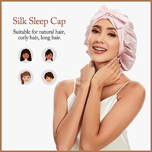 22 Momme 100% Mulberry Silk Bonnet for Women, Silk Sleep Cap for Hair Care, Silk Hair Wrap for Sleeping with Elastic Stay on Head All Night (Pink)