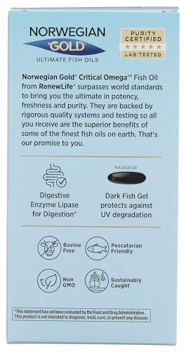 Renew Life Norwegian Gold Critical Omega Softgels, Daily Supplement Supports Heart, Brain and Joint Health, EPA and DHA Omega-3 Fish Oil, Dairy and gluten-free, 850 Mg 120 Count
