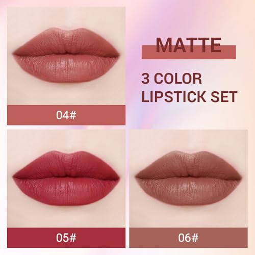 3 Pcs Nude Lipstick Matte Sets,Light to Dark Velvet Lipstick for Women Long Lasting Waterproof 24 Hours Lip Stick Lip Stain Makeup Gift Sets,labiales mate 24 horas originales