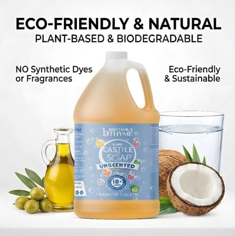 Brittanie's Pure Organic Castile Liquid Olive Oil Soap Refill, 1 Gallon Unscented | Face, Body Wash, All Purpose Cleaner, Dishes, Pets, Laundry | Vegan, Biodegradable, Made in USA