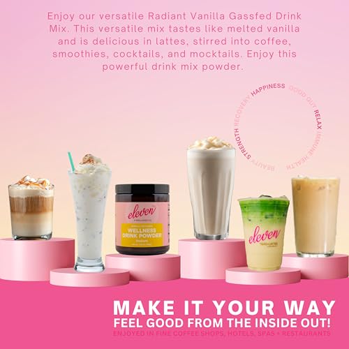 Eleven TLC, Radiant Beauty Bovine Collagen Peptides Drink Mix, Ashwagandha, Hydrolyzed Collagen, Bee Pollen, Vanilla Protein Powder, Dairy Free, Superfood Lattes, Wellness Hydration Mix, 63 Servings