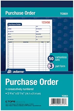Adams Purchase Order Book, 3-Part Carbonless, White/Canary/Pink, 5-9/16 x 8-7/16 Inches, 50 Sets (TC5831)