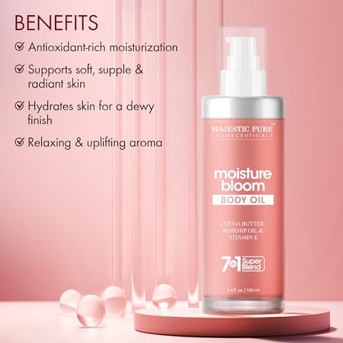 Majestic Pure Moisture Bloom Body Oil | 100% Pure & Natural | Repair Dry, Damaged Skin | Moisturizing Skin | Deep Moisturizing Formula | 3.4 Fl Oz