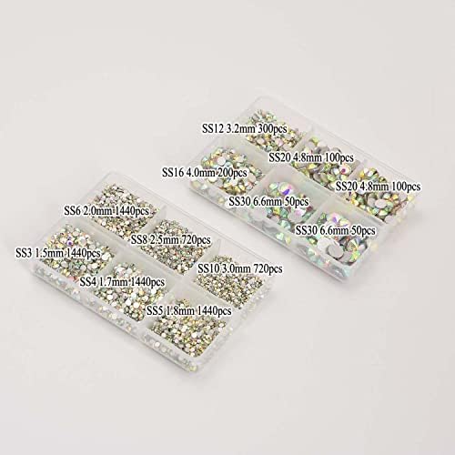 8000pcs Non Hotfix Rhinestones 10 Sizes Flatback Crystal Glass Rhinestones with Tweezers and Picking Pen for Nail Art Clothes Bags Phone Decorations Crafts DIY (001ab Crystal AB Mix SS3-SS30)