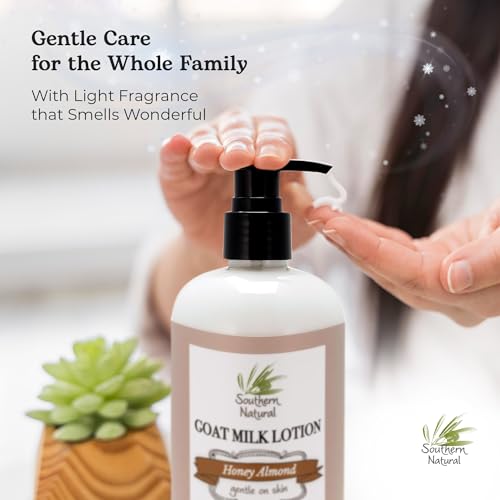 Southern Natural Goat Milk Lotion (12 oz) Face and Body Moisturizer For Dry Skin - Moisturizing Skincare and Hand Cream - Honey Almond Scent