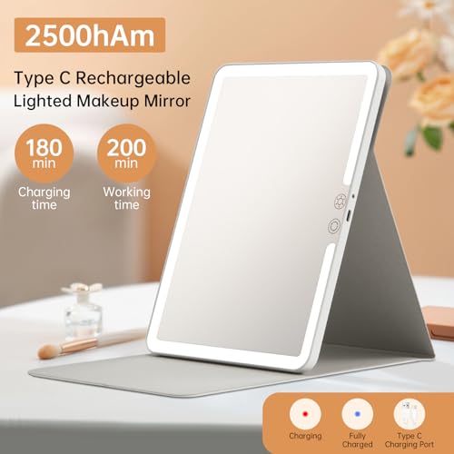 FUNTOUCH 2500mAh Large Rechargeable Travel Makeup Mirror with Light, Portable Makeup Mirror with 10X Magnifying Mirror, 3 Lighting Modes, Tabletop Folding Travel Mirror with PU Leather Cover (White)