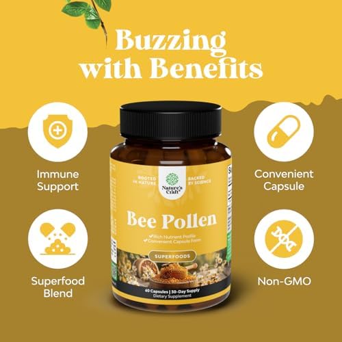 Bee Pollen Supplement 1000mg per Serving - Pure Capsules with Naturally Occurring B Vitamins Minerals & Enzymes Pills Made Vegetarian Non-GMO Gluten Free (30 Servings)